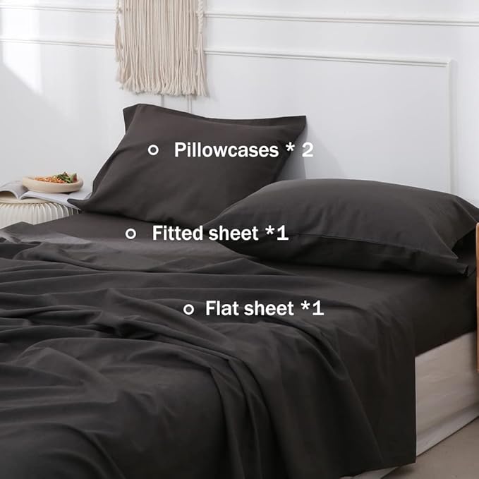 Simple&Opulence Belgian Linen Sheet Set Solid Color - 4 Pieces (1 Flat Sheet, 1 Fitted Sheet & 2 Pillowcases) Natural Flax Cotton Blend Soft Breathable Farmhouse Bedding - Queen Size, Dark Grey