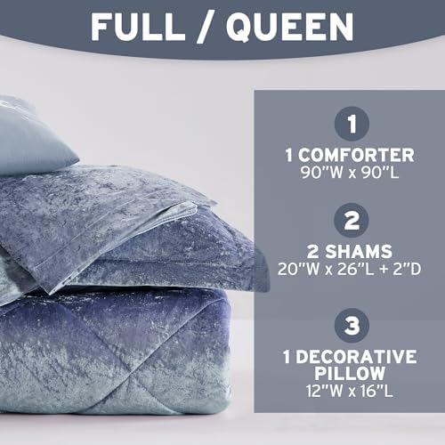 Intelligent Design Queen Comforter Set, Velvet Comforter Set , Luxury Diamond Quilting Comforter Set, Fluffy Comforter Bed Set with Decorative Pillowand 2 Shams, 4 Piece Blue, Full/Queen