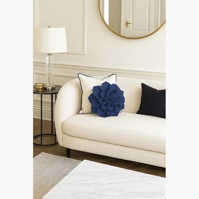 Fennco Styles Handmade 3D Heart-Shaped Petals Flower Decorative Filled Throw Pillow 13" Round - Navy Blue Floral Pillow for Couch, Home Décor and Holiday, Housewarming Gift