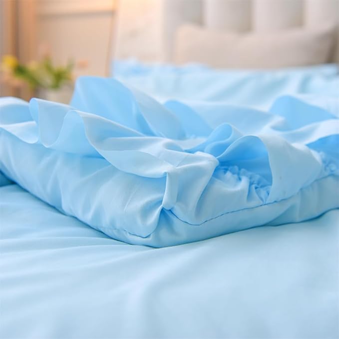 Holawakaka Light Blue Waterfall Ruffle Comforter Set, Full Size Shabby Chic Ruffled Bedding Set for Girls Women, Kids Teens Ruched Dorm Bed Set 3 Pieces