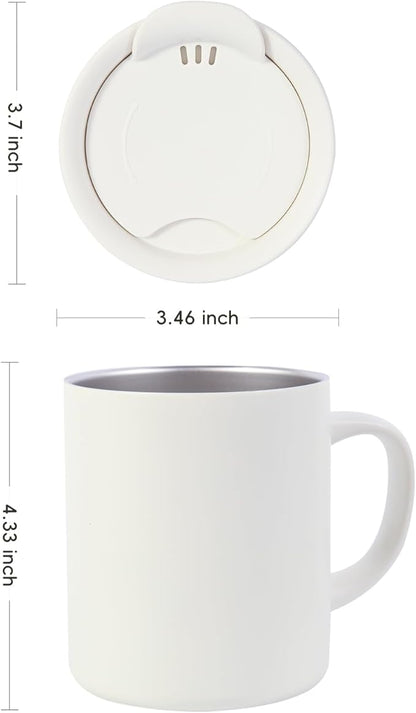 12oz Insulated Camping Coffee Mug with Lid & Handle, Double Wall Stainless Steel Vacuum Travel Coffee Cup, Reusable Tumbler for Home Office Camping - White