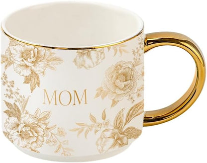 Sweet Water Decor Delft Mom Mug, 14oz Fine Bone China Tea Cup for Hot & Cold Drinks, Cute Mother's Day Gift Coffee Mug with Gold Handle & Rim, Gift for Mom's Birthday & Christmas