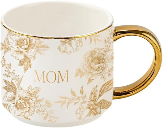 Sweet Water Decor Delft Mom Mug, 14oz Fine Bone China Tea Cup for Hot & Cold Drinks, Cute Mother's Day Gift Coffee Mug with Gold Handle & Rim, Gift for Mom's Birthday & Christmas