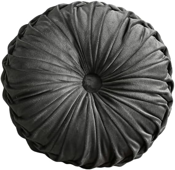 MOCOFO Round Velvet Throw Pillow, Pumpkin Shape Decorative Floor Cushion, Handcrafted Pleated Design, 14 and 16 Inch Diameter, Multiple Colors, Polyester Fill (Dark-Gray, 16")