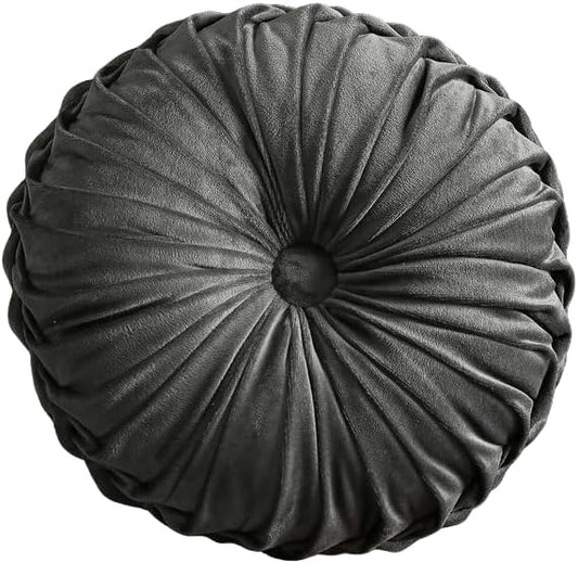 MOCOFO Round Velvet Throw Pillow, Pumpkin Shape Decorative Floor Cushion, Handcrafted Pleated Design, 14 and 16 Inch Diameter, Multiple Colors, Polyester Fill (Dark-Gray, 16")