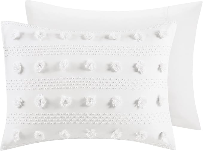 Intelligent Design Queen Comforter Set, Clipped Jacquard Comforter Set Chic Pompoms Accent, All Seasons Lightweight & Fluffy Comforter Bed Set with 2 Shams, Lucy, Full/Queen Ivory 3 Piece