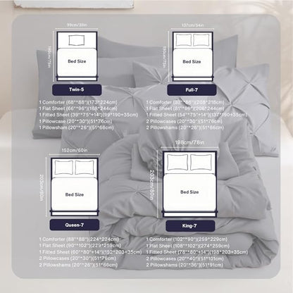 Sheet&Joy Full Size Comforter Set,7-Piece Bed in a Bag Double, Pintuck Bedding Set for All Season, Includes Comforter, Flat Sheet, Fitted Sheet, Pillowcases and Pillowshams, Grey