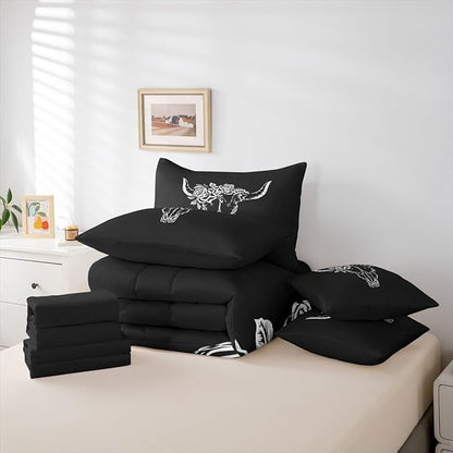 Erosebridal Bull Skull 7 Piece Bedding Set Twin Bohemian Comforter Set with Sheets Simple Line Drawing Bull Head Aztec Bed in a Bag Rose Leaf Print Black White for Teens Men Women