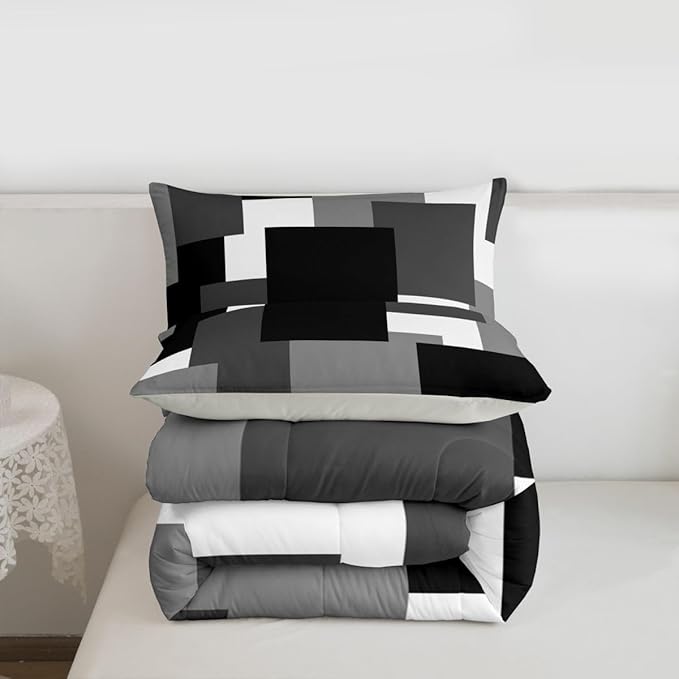 Castle Fairy Black Grey Twin Size Comforter Set for All Seasons,Black White Geometric Bedding Set Teens Bedroom Decor,Modern Square Splicing Comforter Inner Fill with 1 Pillowcase