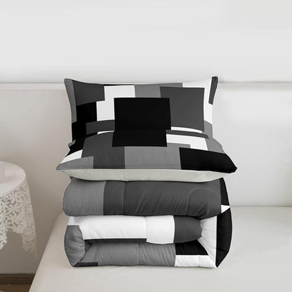 Castle Fairy Black Grey Comforter Set,Black White Geometric Bedding Set for Kids Teens,Modern Square Splicing Quilt Set,Duvet Insert 2 Pcs with 1 Pillowcase,Toddler