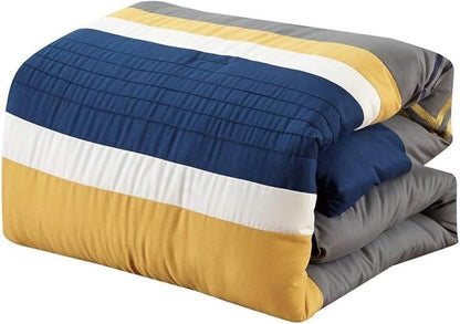 Chezmoi Collection Arden 7-Piece Modern Pleated Stripe Embroidered Zigzag Bedding Comforter Set (Oversized King, Navy/Gray/Yellow/White)