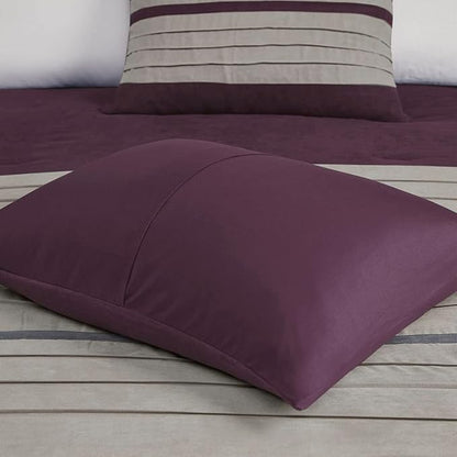 Madison Park Palmer Comforter Set - Faux Suede Design, Striped Accent, All Season Bedding, Shams, Decorative Pillow, Bed Skirt, Queen (90 in x 90 in), Purple 7 Piece