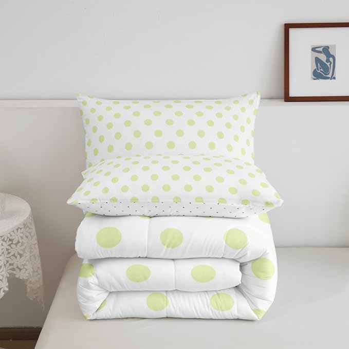 Manfei Cute Polka Dots Comforter Set King Size,Cartoon Dots French Style Lovely Bedding Set for Adults Room,Geometric Circles Yellow Green White Simple Art Comforter,3 Pcs 2 Pillowcases