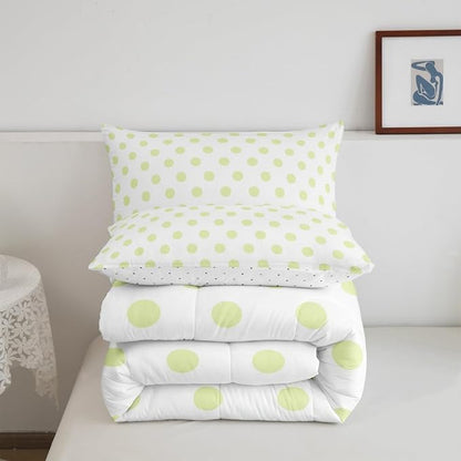 Manfei Cute Polka Dots Comforter Set King Size,Cartoon Dots French Style Lovely Bedding Set for Adults Room,Geometric Circles Yellow Green White Simple Art Comforter,3 Pcs 2 Pillowcases