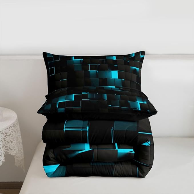 Erosebridal Black Teal Comforter Set Queen Neon Turquoise Geometric Checkered Bedding Set for Boys Gaming Room Decor,Teen Men Abstract Stereoscopic Grids Quilt Square Plaid Bed Set 3 Pcs