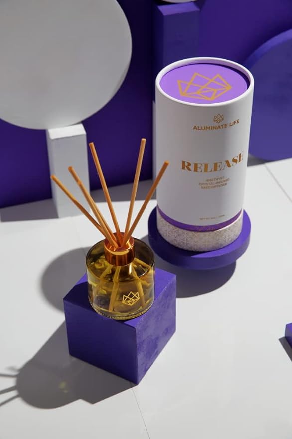 Crystal Infused Reed Diffuser, 4 OZ, Release - Amethyst Crystal Infused - Scents of Lavender, Bergamot, & Frankincense - Home Decor, House Warming, Room, Stick Perfume, Coffee Table