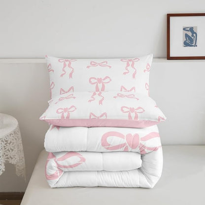 Erosebridal Girls Bow Comforter Set Queen, Pink Bow Decor Bedding Set for Kids Women Princesss Room Decor, Coquette Comforter Bowknot Duvet Insert 2 Pillowcases, All Season