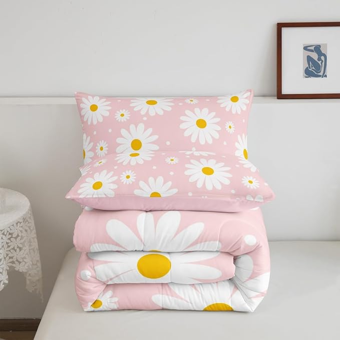 Erosebridal Flower Comforter Set Pink Daisy Floral Girls King Bedding Set Cute Cartoon Flowers Comforter for Kids Teen Women Bedroom All Season,Kawaii Bed Set with 2 Pillowcases