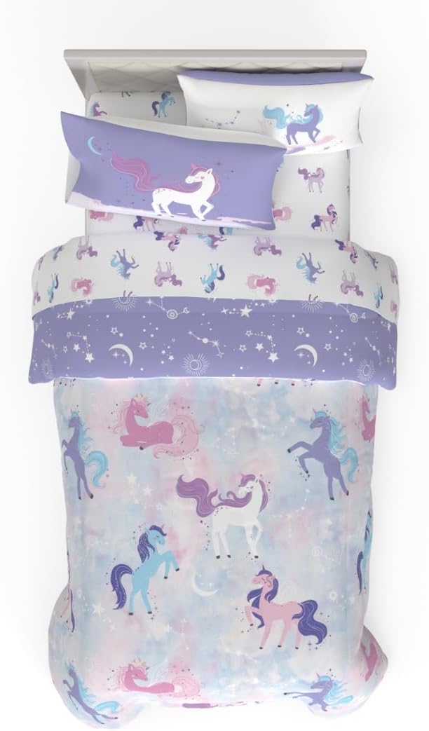 Morning Bird Unicorns Astrology Kids Bedding Super Soft & Cozy Reversible Microfiber Comforter and Sheet Set with Sham, 5 Piece Twin Size, by Franco
