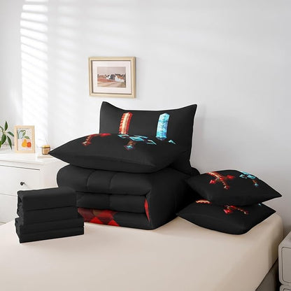Red Blue Sword 7Pcs Comforter Set Queen Size,Sandbox Building Games Bedding Set for Kids Boys Teens Men Room Decor,Pixelated Style Swords Fitted Flat Sheet Fashion Black 2 Throw Pillow,2 Pillowcases