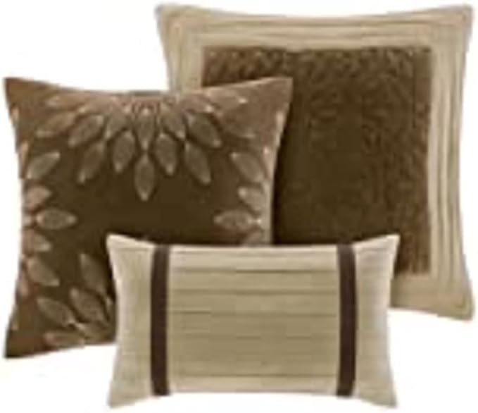 Madison Park Palmer Comforter Set - Faux Suede Design, Striped Accent, All Season Down Alternative Bedding, Matching Shams, Decorative Pillow, Bed Skirt, Full (82 in x 90 in), Natural 7 Piece