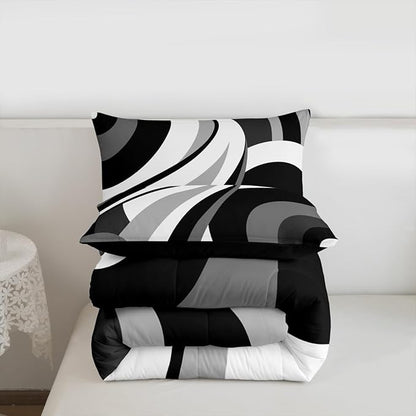 Gray Black White Spiral Queen Comforter Set for Adult Women Men Modern Swirls Stripes Abstract Bedding Set for Minimalists Boho Aesthetic Geometric Bed Sets Graffiti Art Lines Quilt Sets