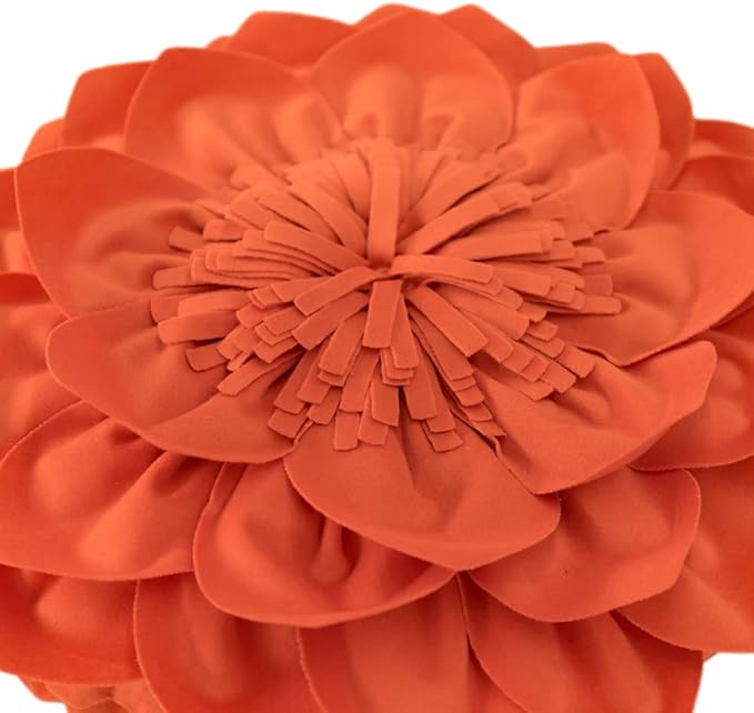Decorative Throw Pillow 3D Flower Round Pillow Accent Handmade Cushion with Insert for Couch Bed Home Decor 14 inch Orange