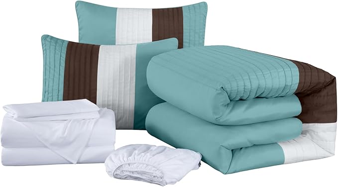 Chezmoi Collection Briar 7-Piece California King Bed in a Bag - All Season Lightweight Microfiber Comforter Set - Includes Sheets & Shams - Blue/Brown/Beige Pleated Stripe Design