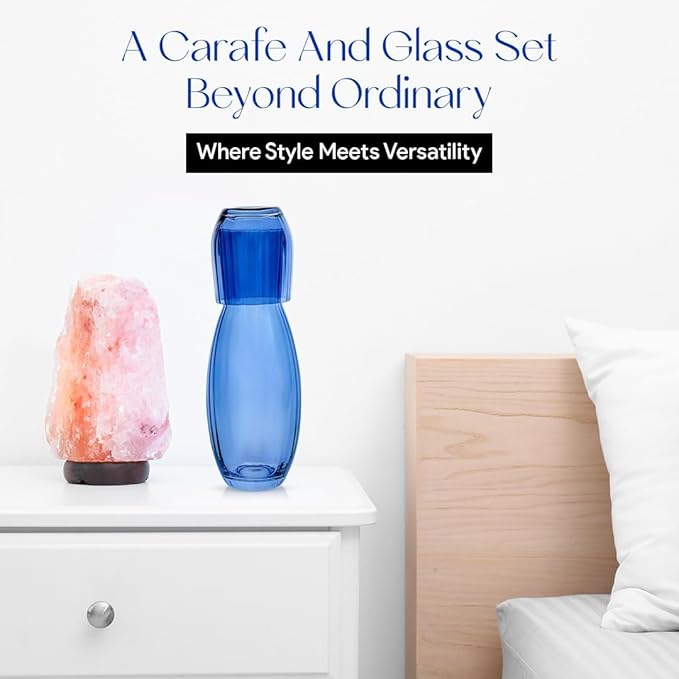 American Atelier 40 oz Bedside Water Carafe with Tumbler – 2-Piece Ribbed Glass Night Pitcher with Cup Lid for Nightstand, Guest Room & Office, Stylish & Durable Drinkware (Cobalt Blue)