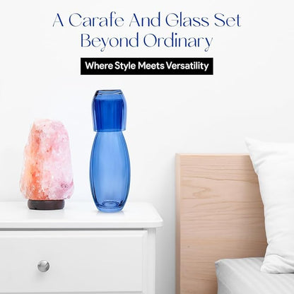 American Atelier 40 oz Bedside Water Carafe with Tumbler – 2-Piece Ribbed Glass Night Pitcher with Cup Lid for Nightstand, Guest Room & Office, Stylish & Durable Drinkware (Cobalt Blue)