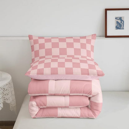 Feelyou Checkered Retro Bedding Set Teen Women Men Pink Gradient Plaid Comforter Set Twin Size Kids Boys Girls Geometric Vintage Duvet Insert Modern Simple Groovy Aesthetic Room Decor