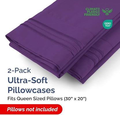 Queen Pillow Cases Set of 2 - Ultra Soft Hotel Quality Pillowcase Covers - Comfy, Cozy & Wrinkle Free - Shrinkage, Stain and Fade Resistant - Machine Washable Pillow Protectors - 2 Piece Set - Purple