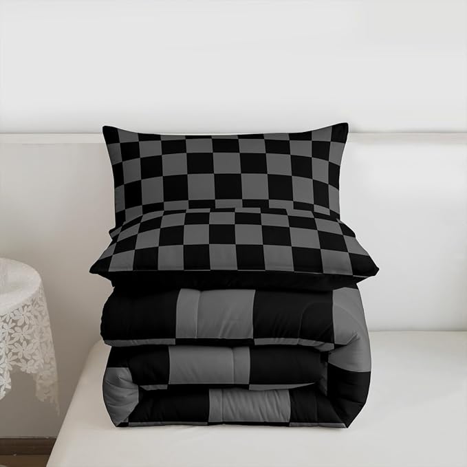 Feelyou Checkered Retro Comforter Set All Season Black Grey Plaid Bedding Set with 1 Pillow Cases Geometric Vintage Kids Toddler Bedclothes Modern Simple Groovy Aesthetic Bedroom Decor Duvet Quilt