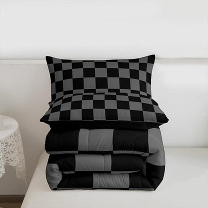 Feelyou Checkered Retro Comforter Set All Season Black Grey Plaid Bedding Set with 1 Pillow Cases Geometric Vintage Kids Toddler Bedclothes Modern Simple Groovy Aesthetic Bedroom Decor Duvet Quilt