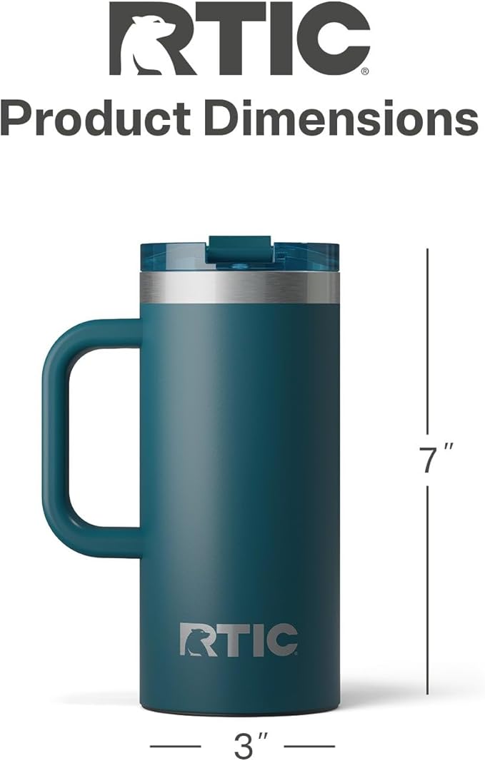 RTIC 16oz Road Trip Travel Mug with Lid and Handle, Ceramic Lined, Insulated, Stainless Steel, Metal, Double Wall Vacuum-Insulation, Portable Coffee, Tea Cup for Hot and Cold Drink, Marine