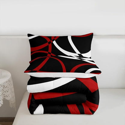 Castle Fairy Retro Circle Comforter Set Queen Size Red White Black Bedding Set for Kids Boys Girls Bedroom Decoration Stripe Line Art Bed Duvet Insert Geometric Modern Comforter with 2 Pillowcase