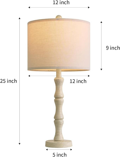 BOBOMOMO 25" Farmhouse Bedside Lamps Set of 2, Vintage Nightstand Lamps with Antique White Resin Base & Linen Shade, Standard Table Lamps for Bedroom, Living Room, End Table & House Décor
