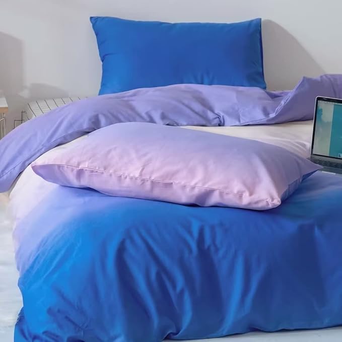 CLOTHKNOW Blue Purple King Size Comforter Sets Blue Bedding Comforter Sets Purple Comforter Soft Blue White Comforter with 2 x Pillow Cases