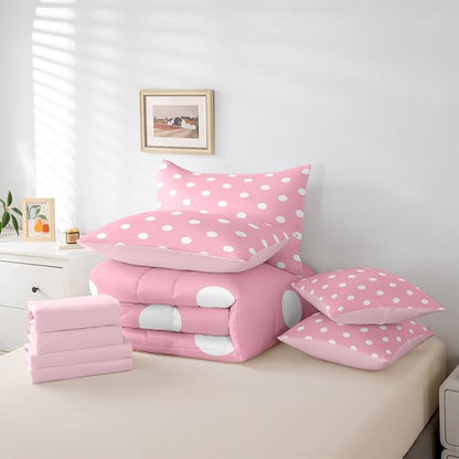 Feelyou Polka Dot 7 Piece Bedding Set Pink White Comforter Set with Sheets for Kids Boys Girls Geometric Plaid Bed in a Bag Modern Cute Bed Set Soft Lightweight