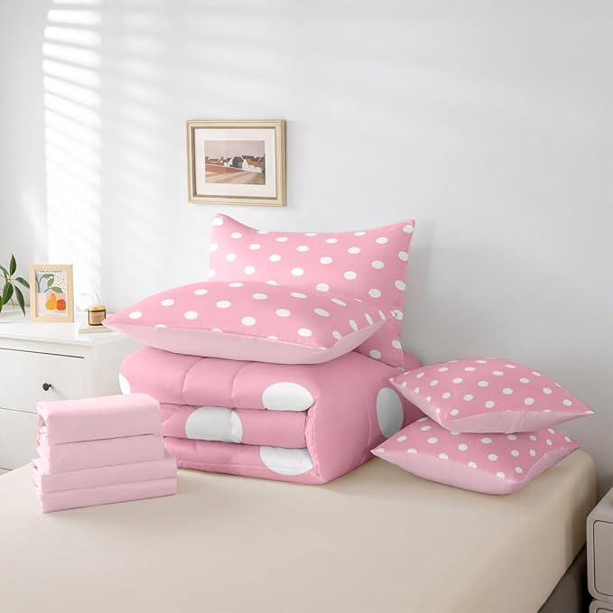 Feelyou Polka Dot 7 Piece Bedding Set Pink White Comforter Set with Sheets for Kids Boys Girls Geometric Plaid Bed in a Bag Modern Cute Bed Set Soft Lightweight