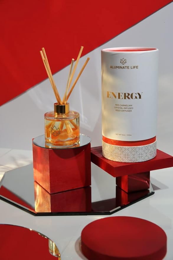 Crystal Infused Reed Diffuser, 4 OZ, Energy - Red Carnelian Crystal Infused - Scents of Lemon, Grapefruit, & Bergamot - Home Decor, House Warming, Room, Stick Perfume, Coffee Table