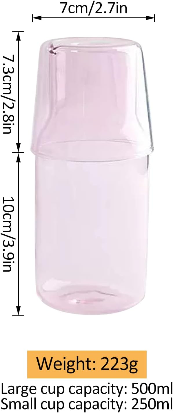 Bedside Carafe and Glass Cup, Bedside Water Carafe with Tumbler, 20oz Bedside Carafe with Cup for Guest Room Bathroom Living Room (A)