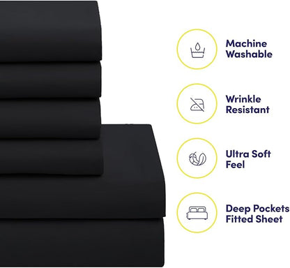 Sweet Home Collection 7 Piece Comforter Set Bag Solid Color All Season Soft Down Alternative Blanket & Luxurious Microfiber Bed Sheets, Black, Queen