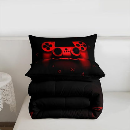 Boys Gamer Comforter Set Queen Size,Gamepad Bedding Set Kids Young Man Video Games Down Comforter for Teen Child Game Room Decor Black Red Classic Retro Gaming Quilted Duvet Set with Pillowcase