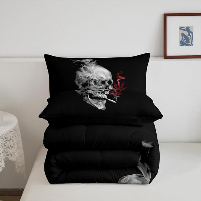 Erosebridal Smoky Skull Comforter Set Queen,Red Leaves Bedding for Kids Boys Girls Teens,Gothic Skeleton Down Comforter, Plant Tropical Botanical Bedding Comforter Sets