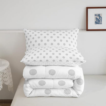 Manfei Gray Polka Dots Comforter Set Full Size 3 Pcs,Geometric Circles Blue White Simple Art Bedding Set,French Style Dots Cartoon Cute Quilt Set for Teens Bedroom,2 Pillowcases