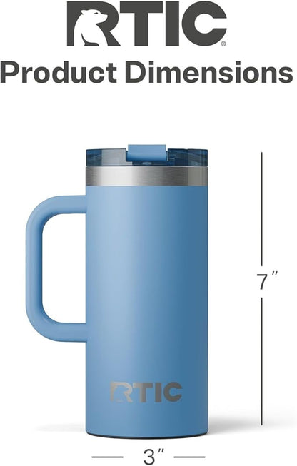 RTIC 20oz Road Trip Travel Mug with Lid and Handle, Insulated, Stainless Steel, Metal, Double Wall Vacuum-Insulation, Ceramic Lined, Portable Coffee, Tea Cup for Hot and Cold Drink, Denim