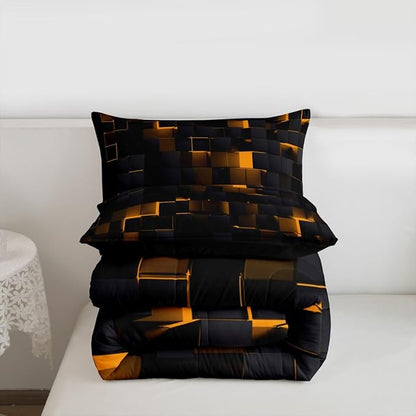 Erosebridal Black and Orange Comforter Set Full Neon Geometric Checkered Bedding Set for Kids Boys Adults Men,Stereoscopic Grid Plaid Comforter Glowing Square Bed Duvet Set 3 Pcs