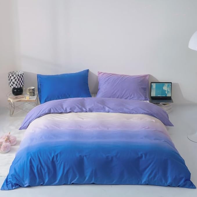 CLOTHKNOW Blue Purple King Size Comforter Sets Blue Bedding Comforter Sets Purple Comforter Soft Blue White Comforter with 2 x Pillow Cases