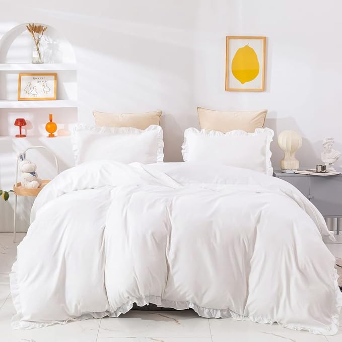 CLOTHKNOW White Ruffles Twin/Twin XL Comforter Set Farmhouse Bedding Comforter Sets Shabby Chic Comforter Vintage Rustic Comforter with 2 x Pillowcases